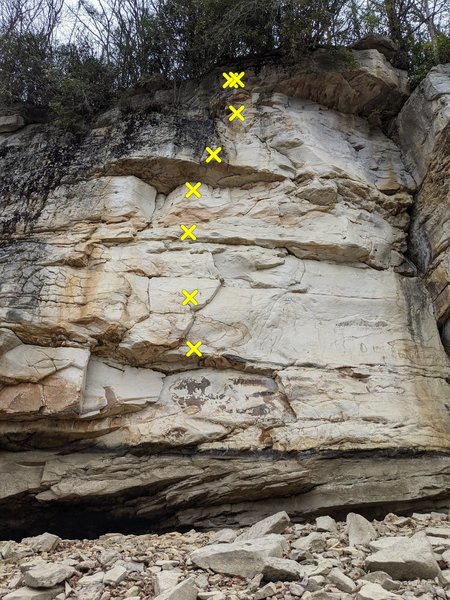 Penance 5.12a. Start far right of the first bolt and traverse in.