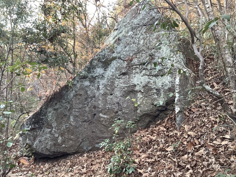 Wedge shaped boulder is trailside a short distance past roof rock.  Walk 20 feet past it and look 50 feet uphill to find R.Crumb, Fat Crack, Face in the <br>
Crowd and Transience.