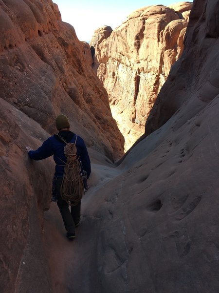 Heading to the second rappel. Photo by Nancy Turner, with permission.