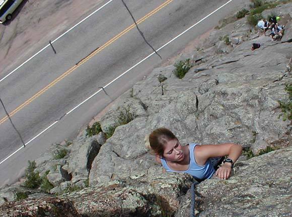 Megan cranking through the crux of her first climb ever.