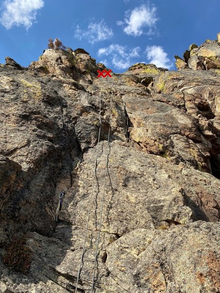 Follow the wandering crack to the left and right of the toprope in this photo to anchors. The last 20 feet of mellow terrain has little protection available.