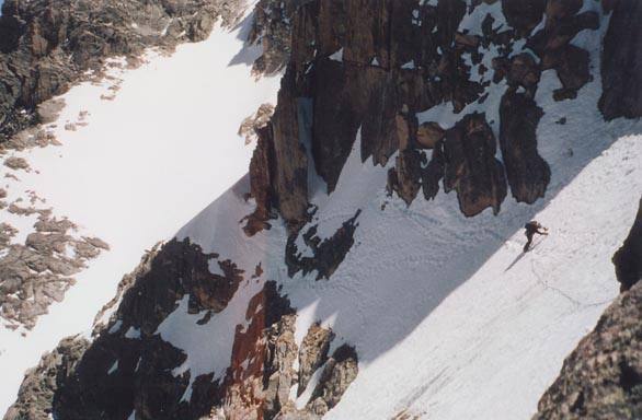 Traversing Broadway up to the Notch. <br>
<br>
Climber: Cole Stanley.<br>
<br>
Photographer: Scott Moore.