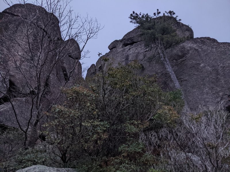 Upper Sunset Wall (upper right). Picture taken from Middle Sunset. The "cave" to access Upper Sunset Wall is behind the bush to the left.