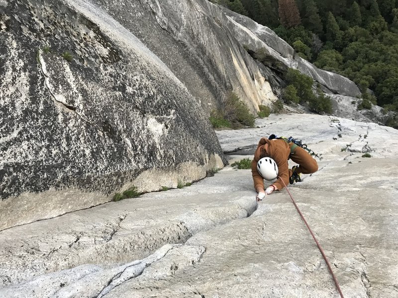 The first bear onesie ascent of Super Slide (?). Henry A. climbing.