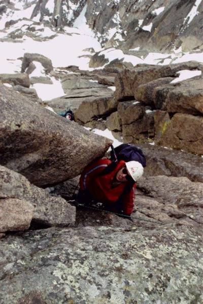 "Staircase" - yes, it's 5.4 but not a happy climb on May 27, 2001 - very wet. Climber: Vladimir Kunin (Denver, CO). Photo by: Dmitry Eremin (Chicago, IL).