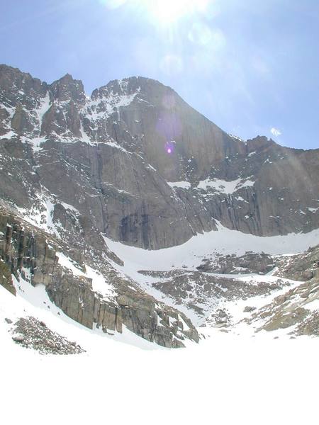 View of the Diamond and the Notch Couloir from Chasm Lake, May 2000. Photographer: Paul Crowder.