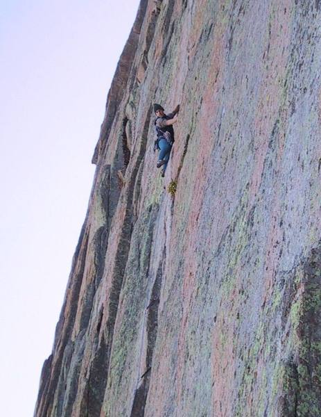 George Squibb on the 5.11c/d crux of D7 on the Diamond.