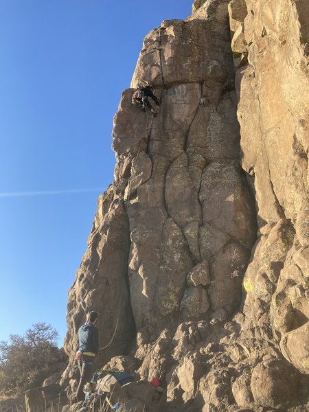 Dylan Grabowski approaching the crux roof.<br>
<br>
Photo taken by Robby Osborne.