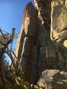Follow crack up to bolts on right side of rock (not shown in photo)
