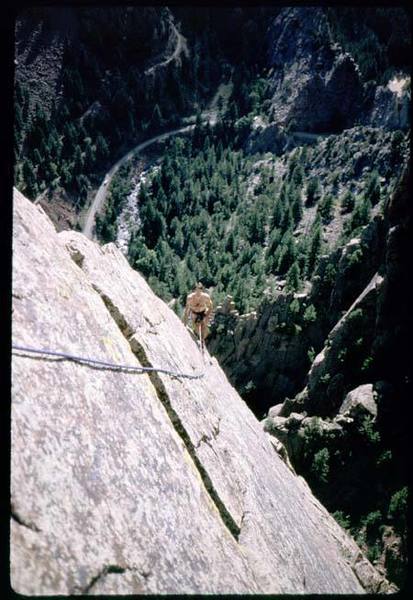 Tony Bubb follows the final arete (5.6) of The Yellow Spur. Photo by Jerry Bargo.