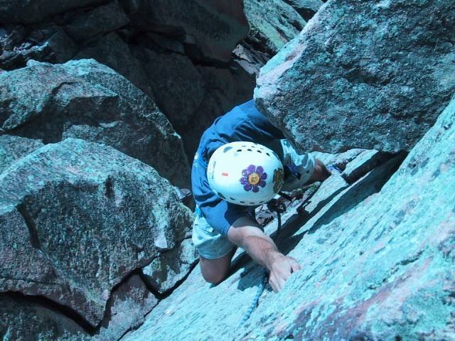 Brendan Freedman near the top of Breezy on his first day climbing. Photo by Kreighton Bieger (sorry about the contrast).