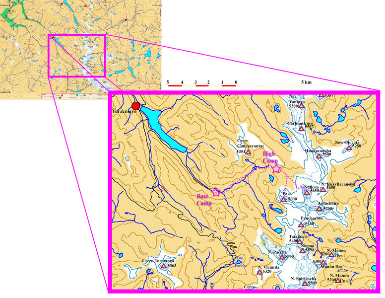 Topo Map of approach to Nevado Sullcon and Paca alpine climbs from the Yuracmayo trailhead