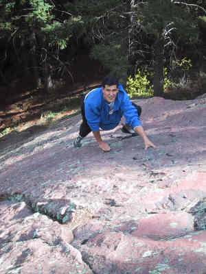 Warren Teissier on the East face of the Dreadnaught<br>
<br>
Photo by Geroge Bell