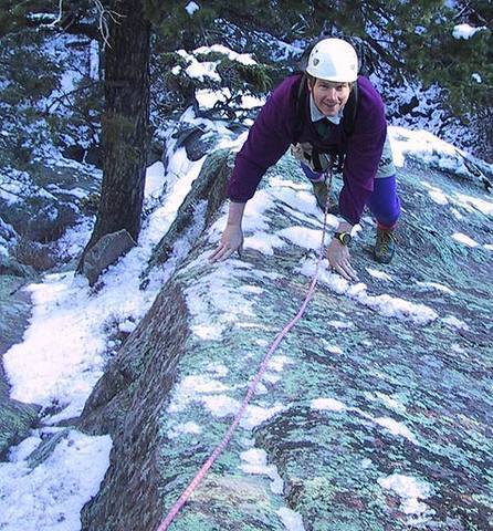 Here is a higher quality version of the same photo as above. Kids, don't try this at home! Mark Oveson climbs "Lichen Wars".