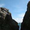 Sea Spray Rock from the basalt boulders, Pelican Cove