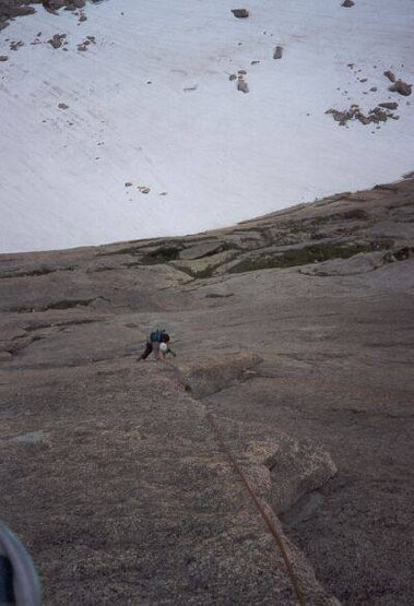 Tony Bubb follows the Sixth(?) pitch of 'The Barb (5.10)', on the Spearhead (RMNP). Photo by Joseffa Meir.