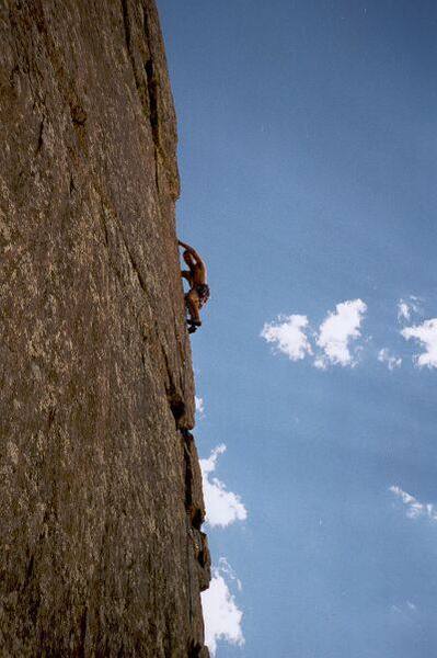 John Cioci leads high on Icarus, in Eldo.<br>
<br>
Photo by Tony Bubb.