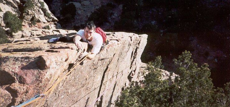 Mark Spieker Follows the Rebuffat's arete at the top of The Green Spur.<br>
<br>
Photo by Tony Bubb.