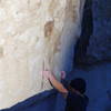 Starting holds for Dark Heart. Left hand side pull, right hand sloping crimp. Dark Heart feature is above the starting holds.