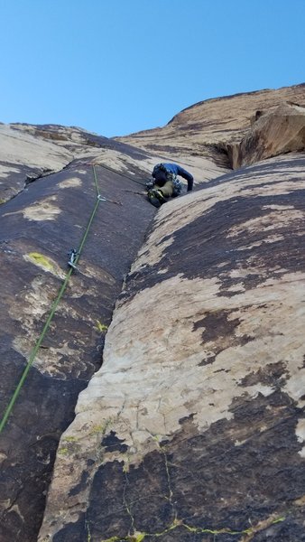 View of P1 from the belay. Left of the bolts is 5.10+, right is 11+.