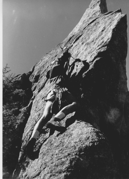 Bill Morck placing the first bolt for the ground-up first ascent, June 1987.