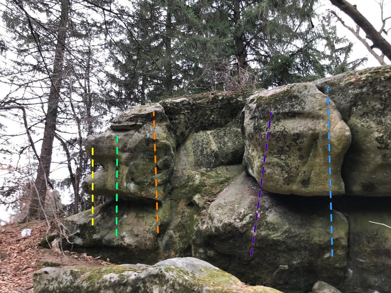 The far left side of the west ridge line. From left to right: Pigs Head, Pigs Cheek, GK, Project 1, Flake Route.