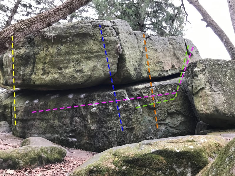The right end of the west ridge line. Left to right: project 2, slopey times, westby traverse, easy highball, right of easy highball. Westby traverse is green, slopey times is purple.