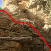 The easy downclimb into the gully where the climb starts