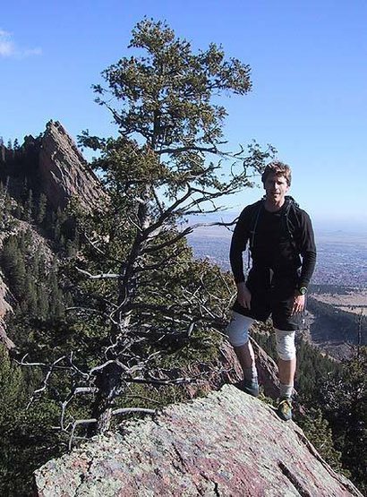 Mark Oveson about halfway up the summit ridge on The Slab. The rock in the background is The Goose.