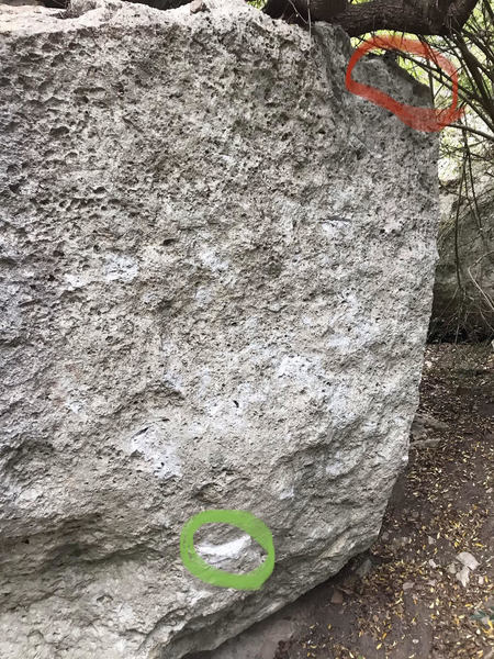 Green is the start hold. Use high feet at the start. Red is the topout.