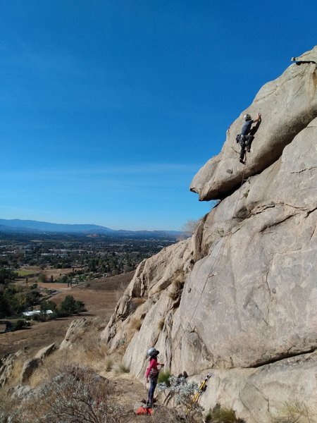 Climbers on Creature Comforts (5.10b), Box Springs Mountain Park