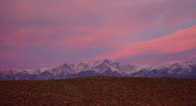 White Mountains at Sunset as seen from the Lower Gorge Parking area. There were about twenty cars when we came in the late morning, but only two when this picture was taken. Take time to savor the beauty around you...
