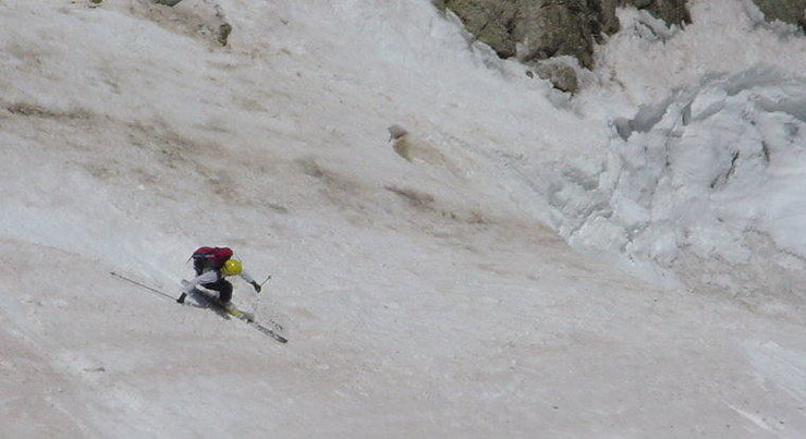 Mike Mullen skiing the upper section of the Skywalker Couloir.