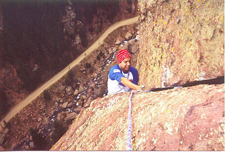Vic finishing the crux layback of the 5.9 direct finish. Cool exposure!