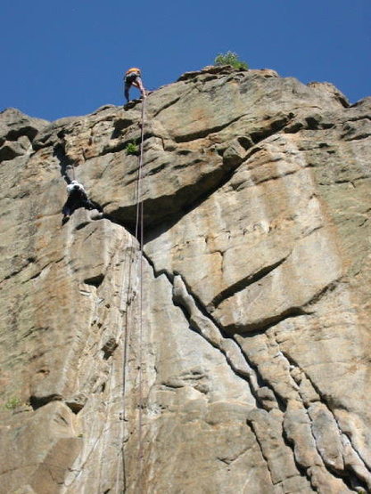 Bernard Vachon at the crux moves. Bill Wright is belaying.