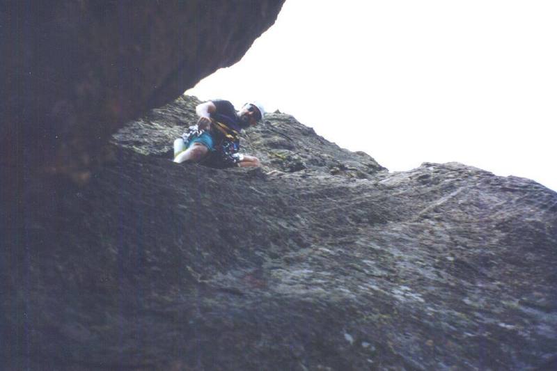 Starting the slabby 4th pitch of the Maiden's north face route.