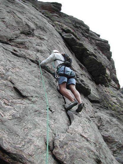 The interesting P1 slab climbing starts right above here