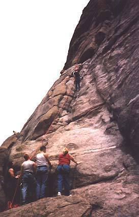 Ellen Runnels photographer, Lance Bischoff climber and novices waiting their turn.