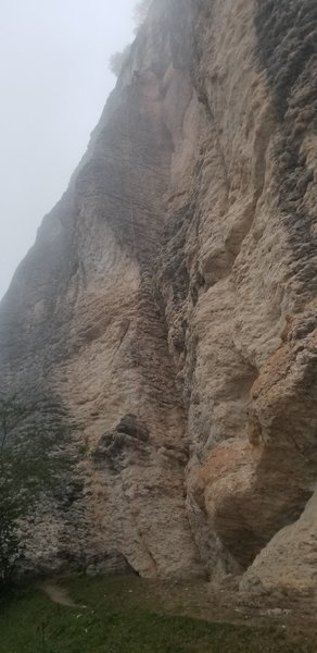 Dani sets off into the clouds on Gülali.<br>
<br>
(This vertical panoramic photo is to visually share route beta regarding the start, route and anchor location of the climb.)