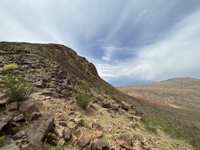 Lava Butte on the left and Frenchman Mt on the right framing Rainbow Gardens with Red Rock just