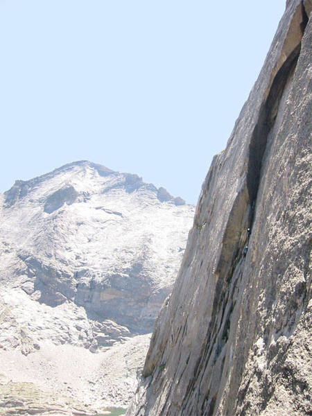 Climbers enter the giant sickle on Syke's. Photographed from the top of the Barb Flake, Friday 9 August 2002.