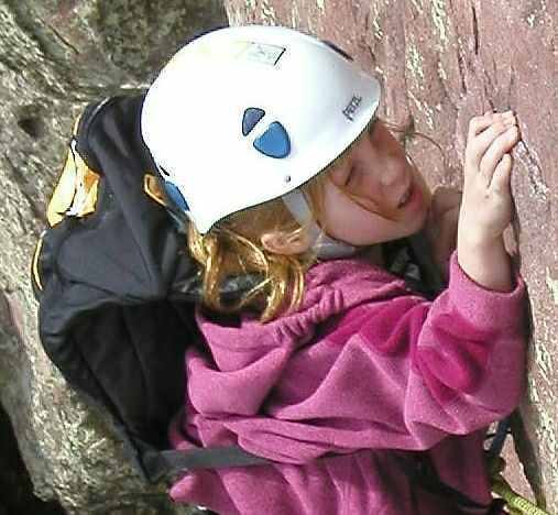 Brittany Whittern (age 8) working through the final moves to the summit on 2002.08.12.