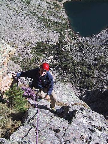 Just before the middle ledge, with Emerald Lake below.