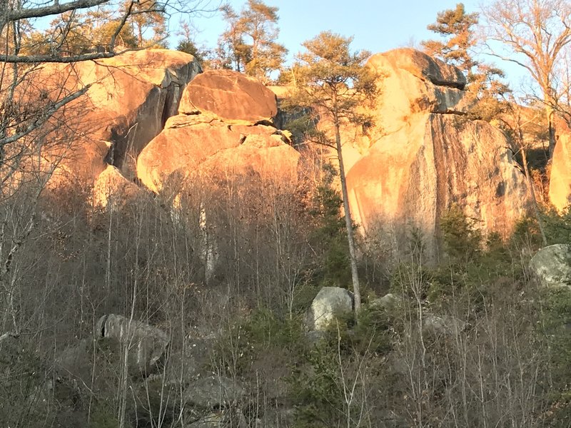 A setting sun lights up the Main Wall and the Featureless Twins' Shadow Boxing.