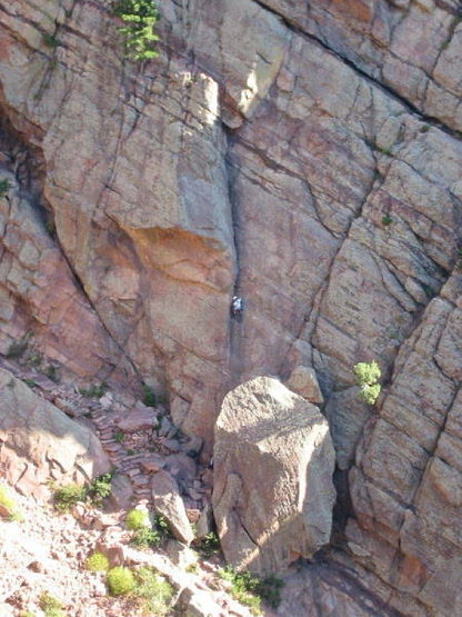 Unknown climber on the first pitch of Calypso.