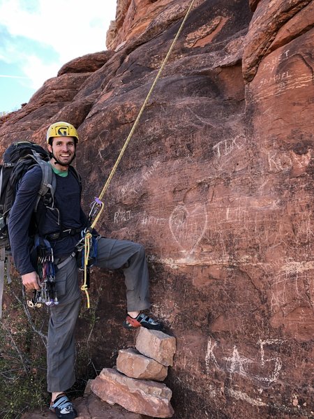 Rapping off the north side. A 60m rope just makes it.
