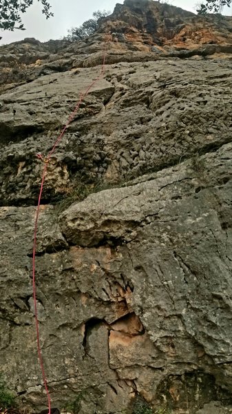 Dani at the top of Mali Miš. <br>
<br>
<br>
(This vertical panoramic photo is to visually share route beta regarding the start, route and anchor location of the climb.)