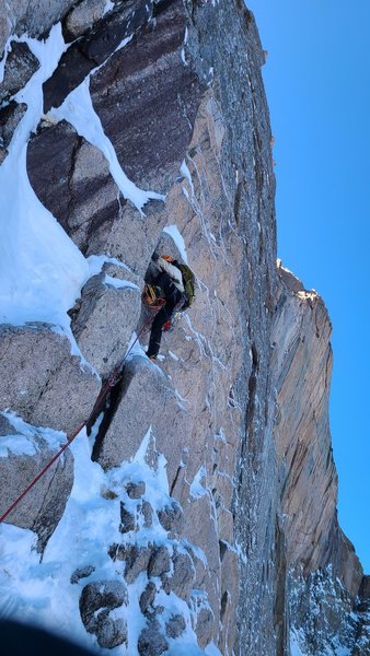 The first pitch: after the step from the snowfield. Sloped rock, few pick holds, super fun.