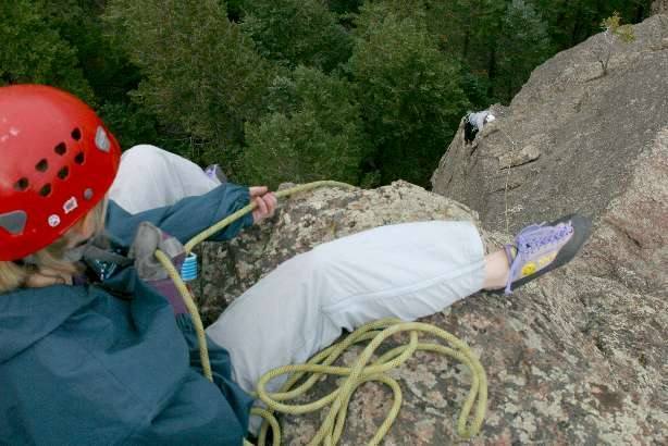 Dawn Dupriest belaying Mark Robbins on the 2nd pitch where the North Face joins the East Ridge by Alan Whittern.