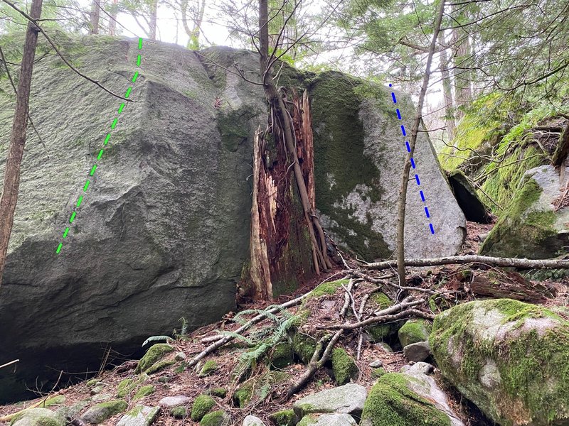 Topo of right side of The Big Fella Boulder. Green: Constable McDougal; Blue: Tim's Arete